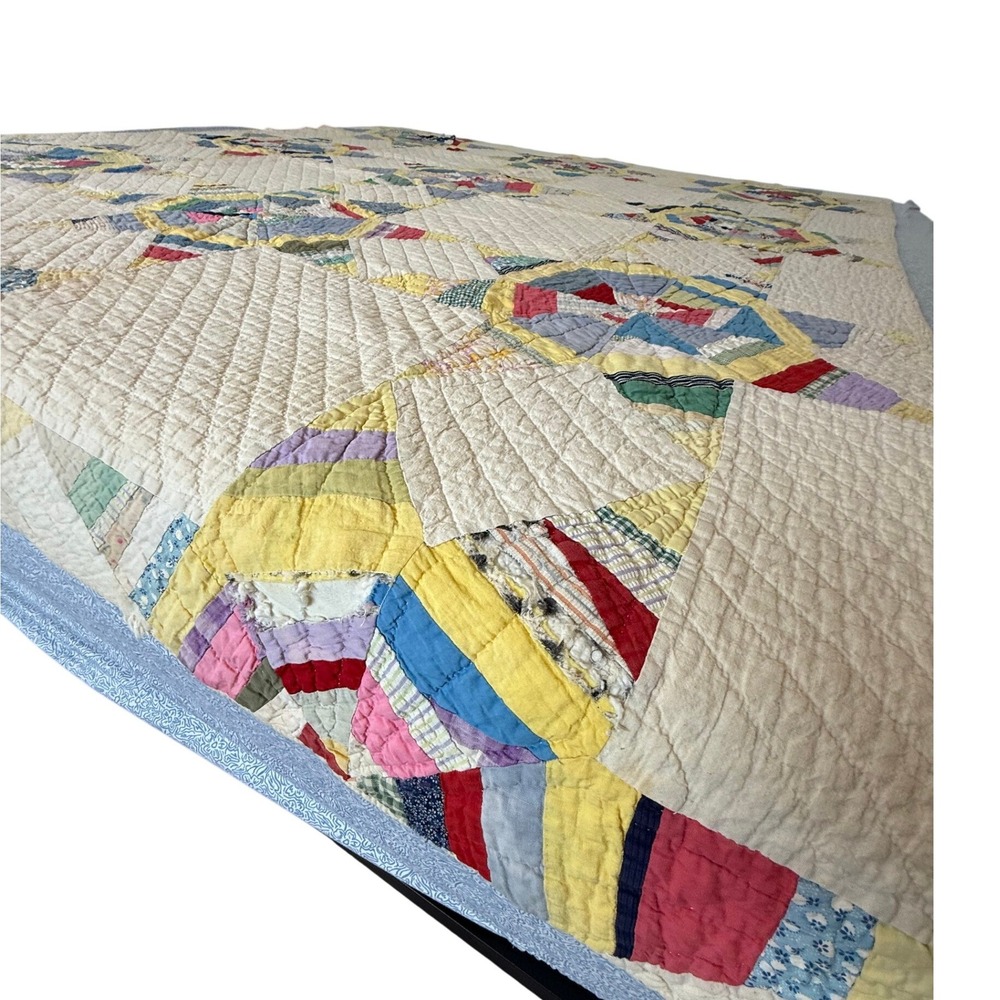 Vintage Handmade Patchwork Quilt Spider Web Wagon Wheel Feed 1930s sack Cotton - Picture 14 of 15